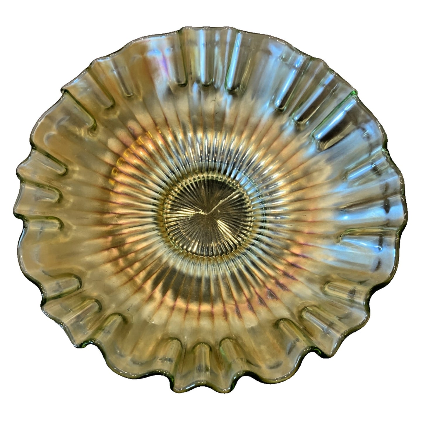 Vintage Fenton Green Carnival Glass Stippled Rays Ruffled Crimped Bowl