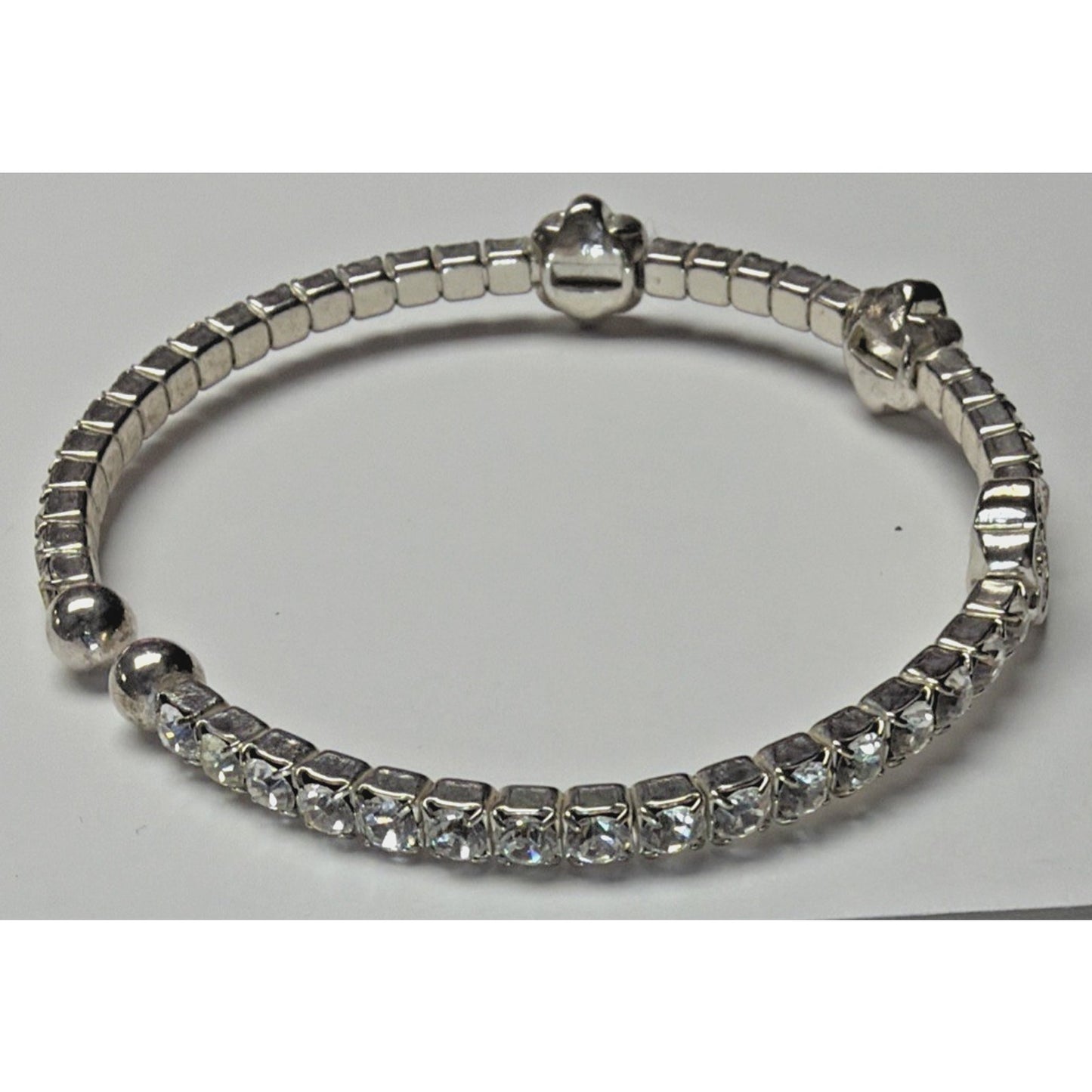 Vintage Clear Rhinestone Silver Cuff Bracelet Flower Clover