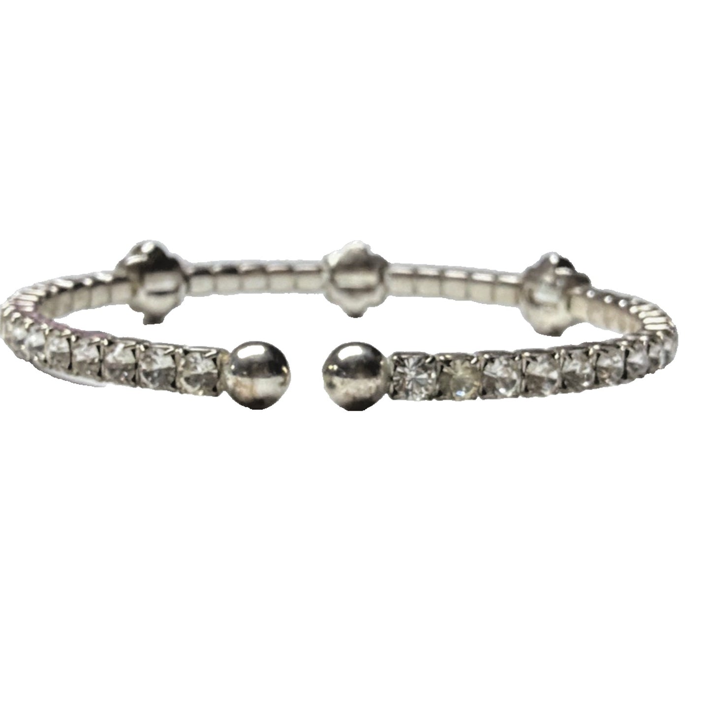 Vintage Clear Rhinestone Silver Cuff Bracelet Flower Clover