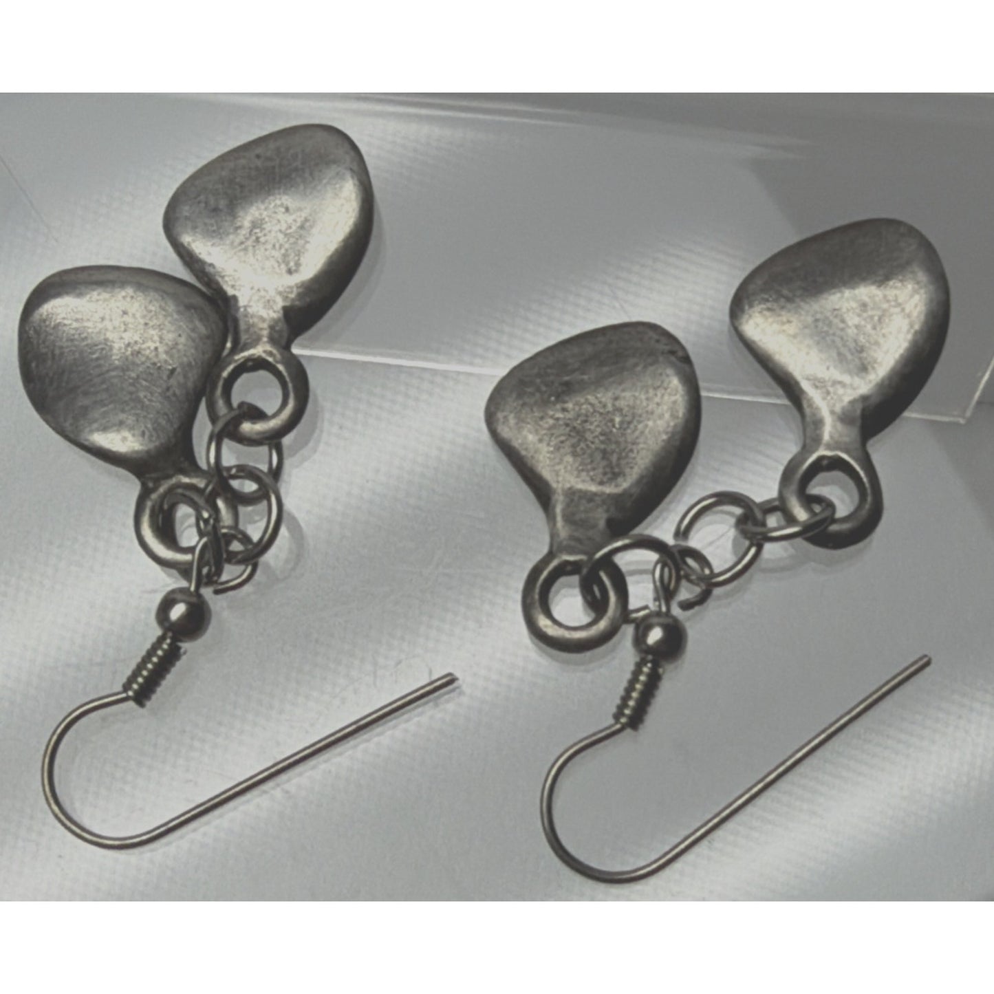 Modernist Silver Kidney Bean Tear Drop Leaf Dangle Earrings Handmade As Is