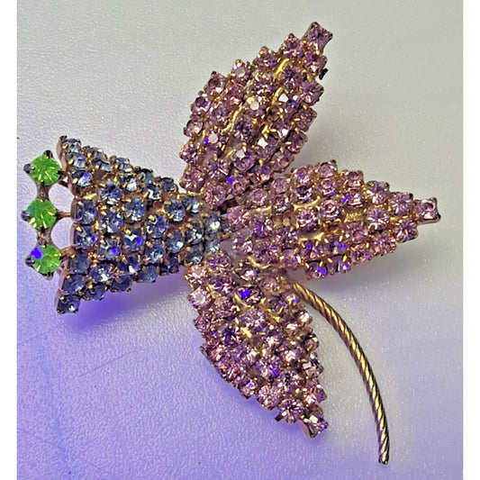 Vtg Unsigned Hobe Pave Crystal Fuchsia Flower Brooch UV Reactive As Is Damage