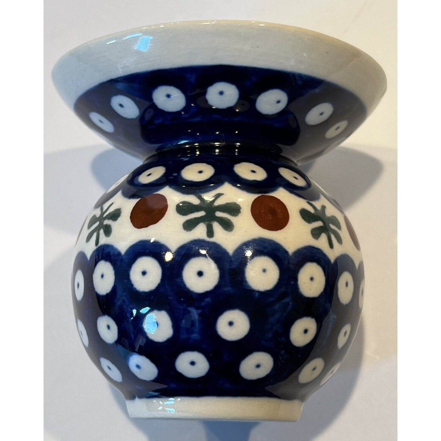 Boleslawiec Hand Made Polish Pottery Vase Blue Flared Rim Peacock Mosquito