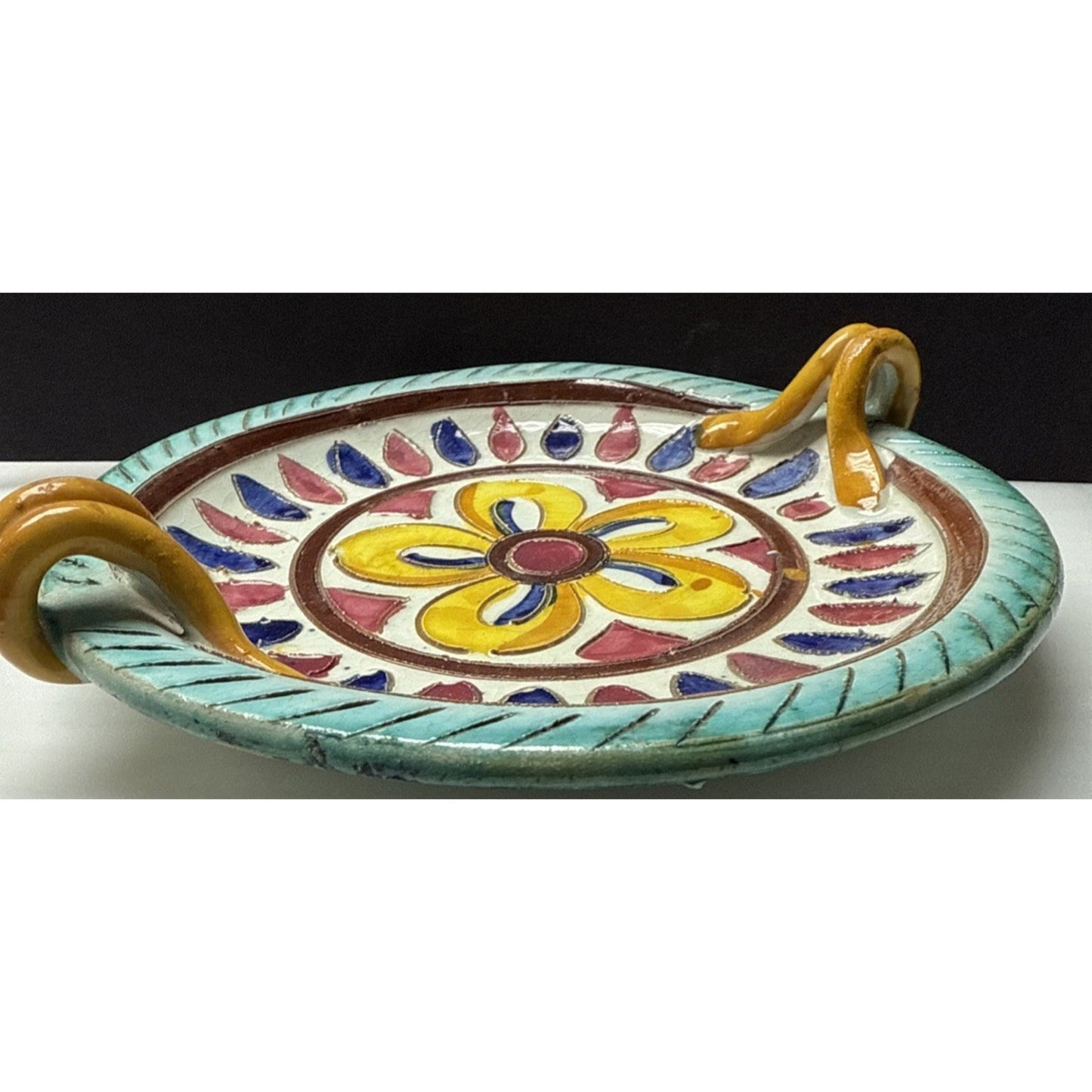 MCM Italy Sgraffito Pottery Cache Candle Base Dish Hand Painted Flower Handles