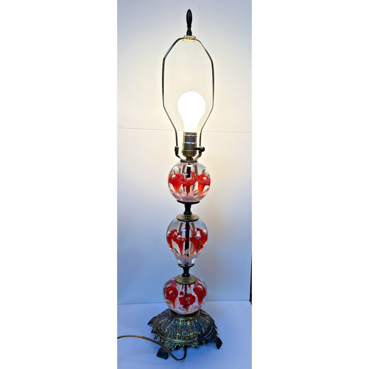 Vtg Clair Joe Rice Art Glass Red Trumpet Flower Lamp Paperweight Ornate L&L WMC