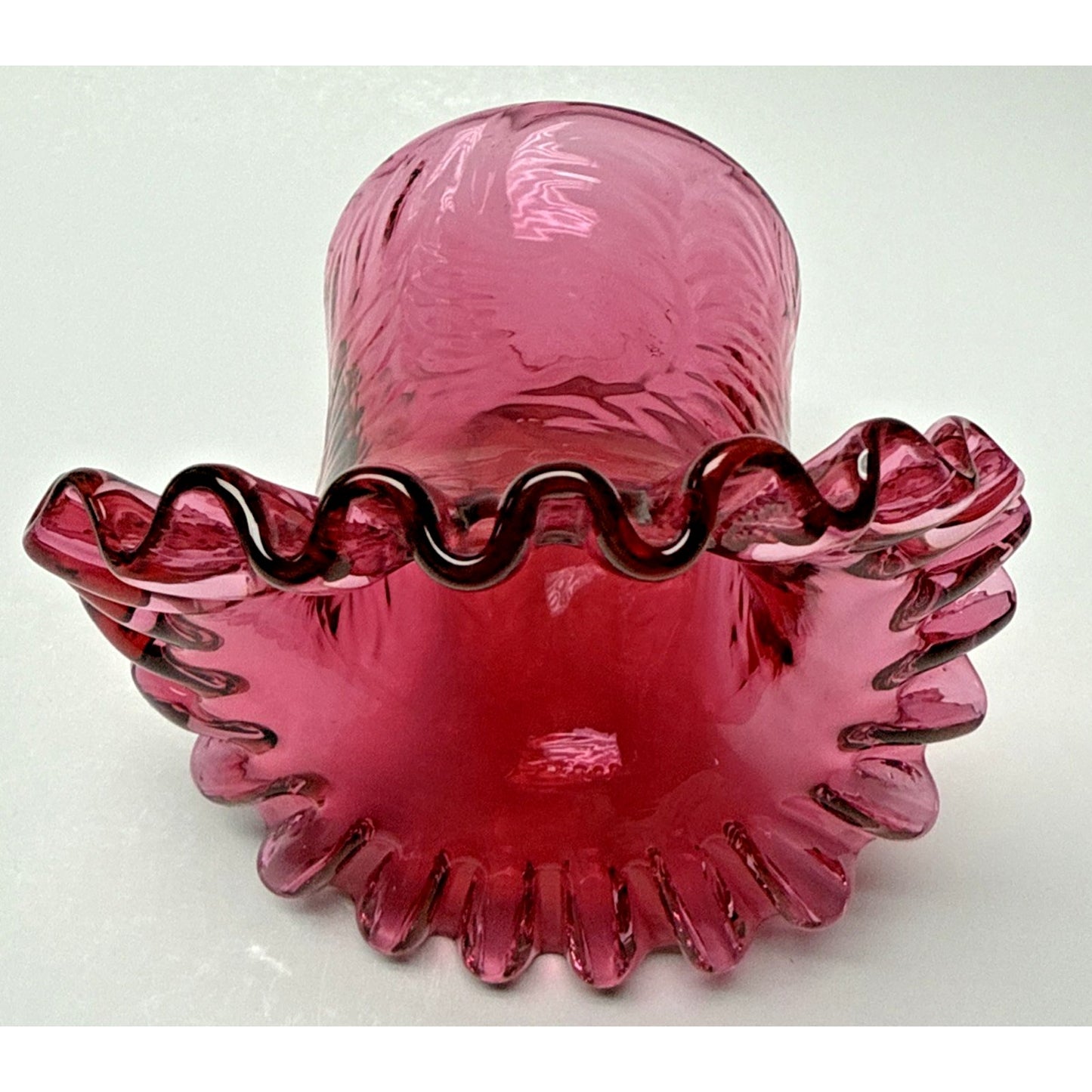 Vintage Fenton Glass Cranberry Embossed Fern #7235 Crimped Hat Vase