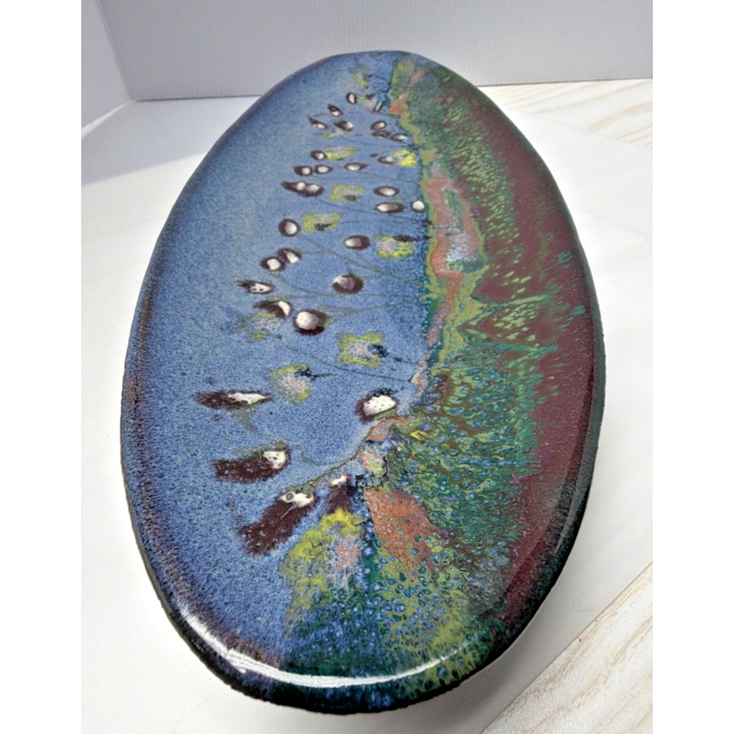 Phil Morgan Art Pottery Long Oval Platter Glazed Hand Painted Flowers Stems