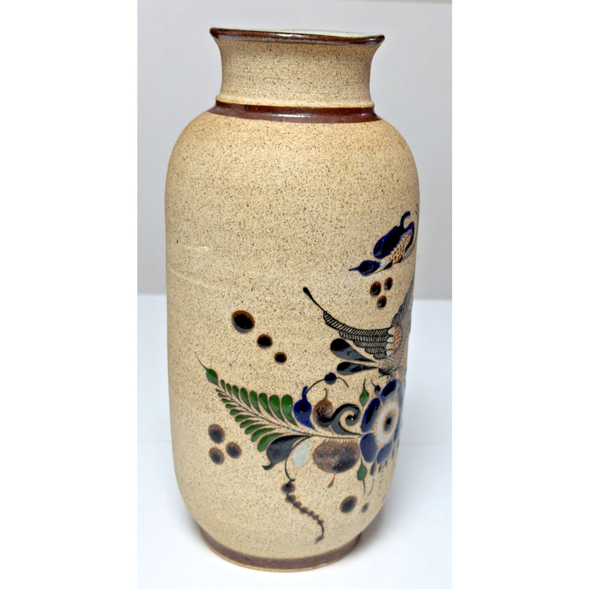Vintage Tonala Folk Art Netzi Mexican Pottery Sandstone Vase Bird Flower Signed