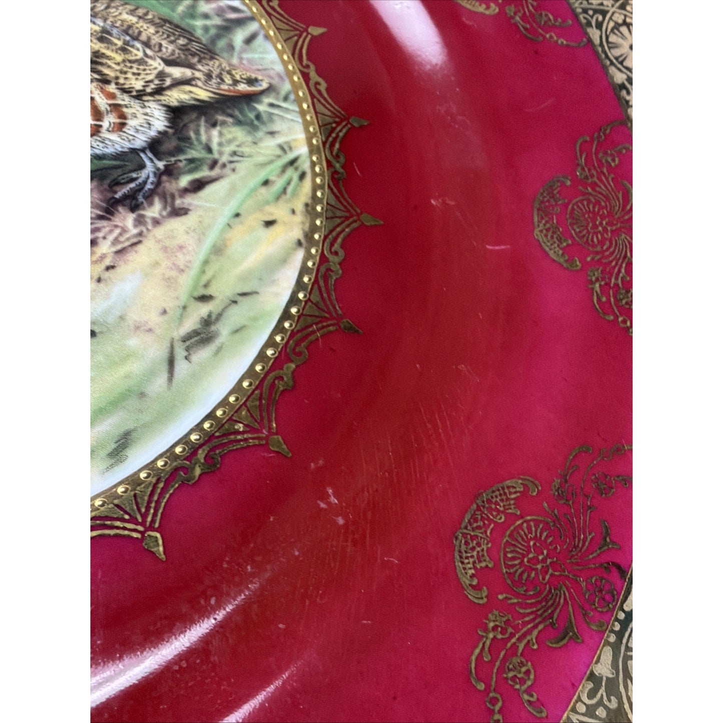 Vintage STW Bavaria Game Plate Pink Fuchsia Quail Gold Gilt Trim Ornate