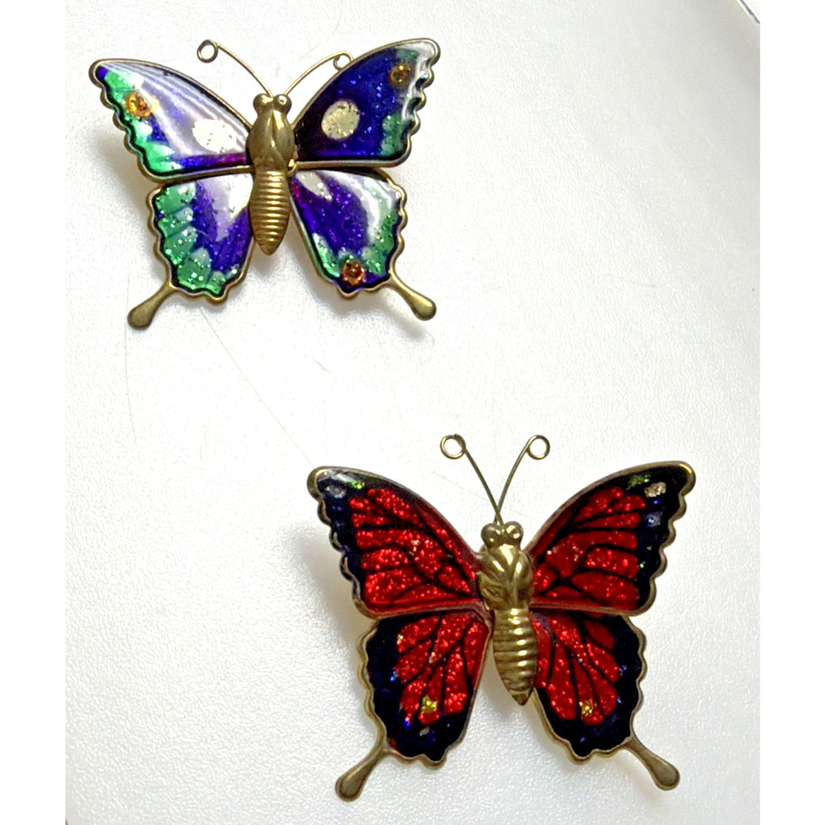Vintage Lot of 2 Enamel Butterfly Brooch Monarch Red Blue Gold