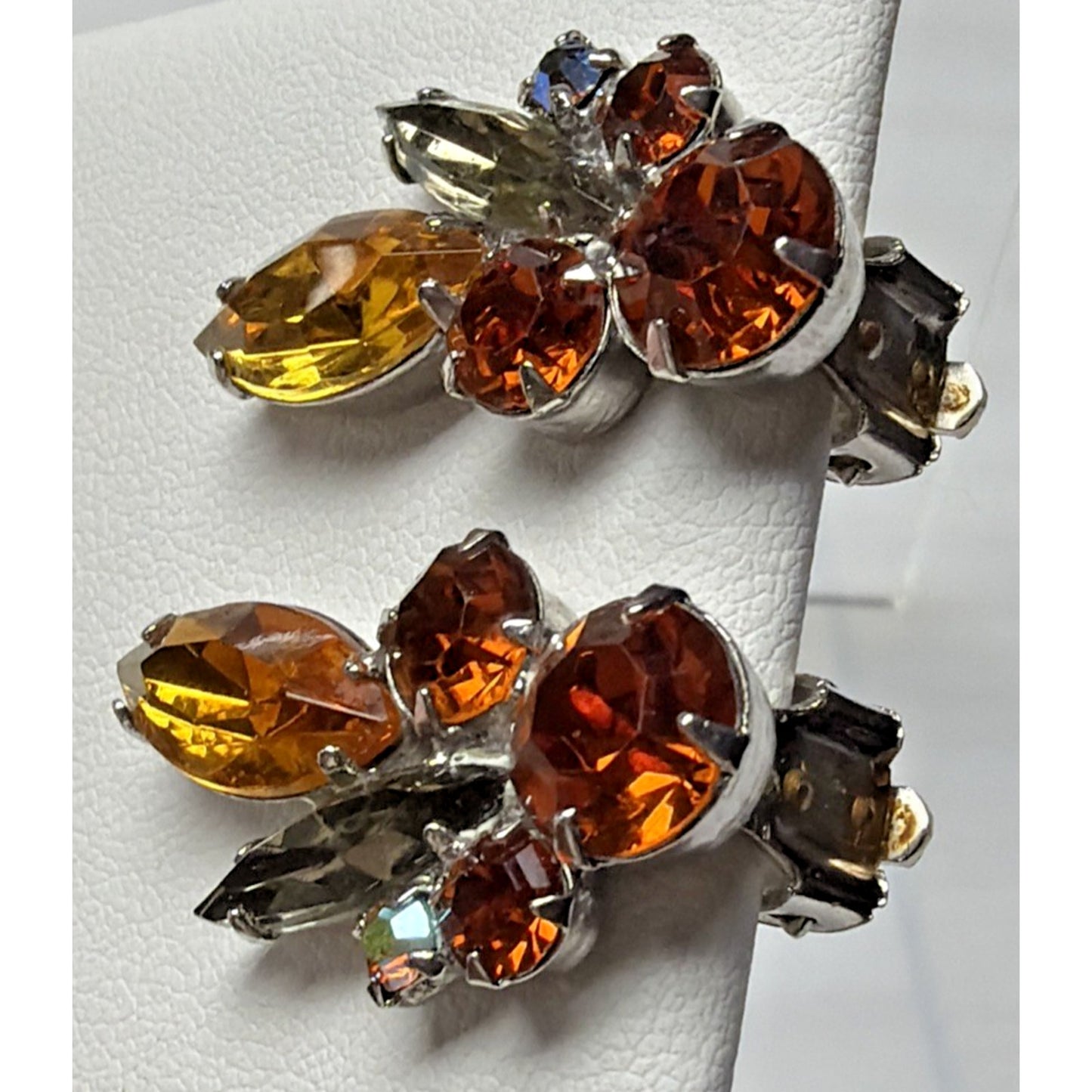 Juliana Smoke Gray Aurora Borealis Amber Topaz Rhinestone Spray Clip Earrings