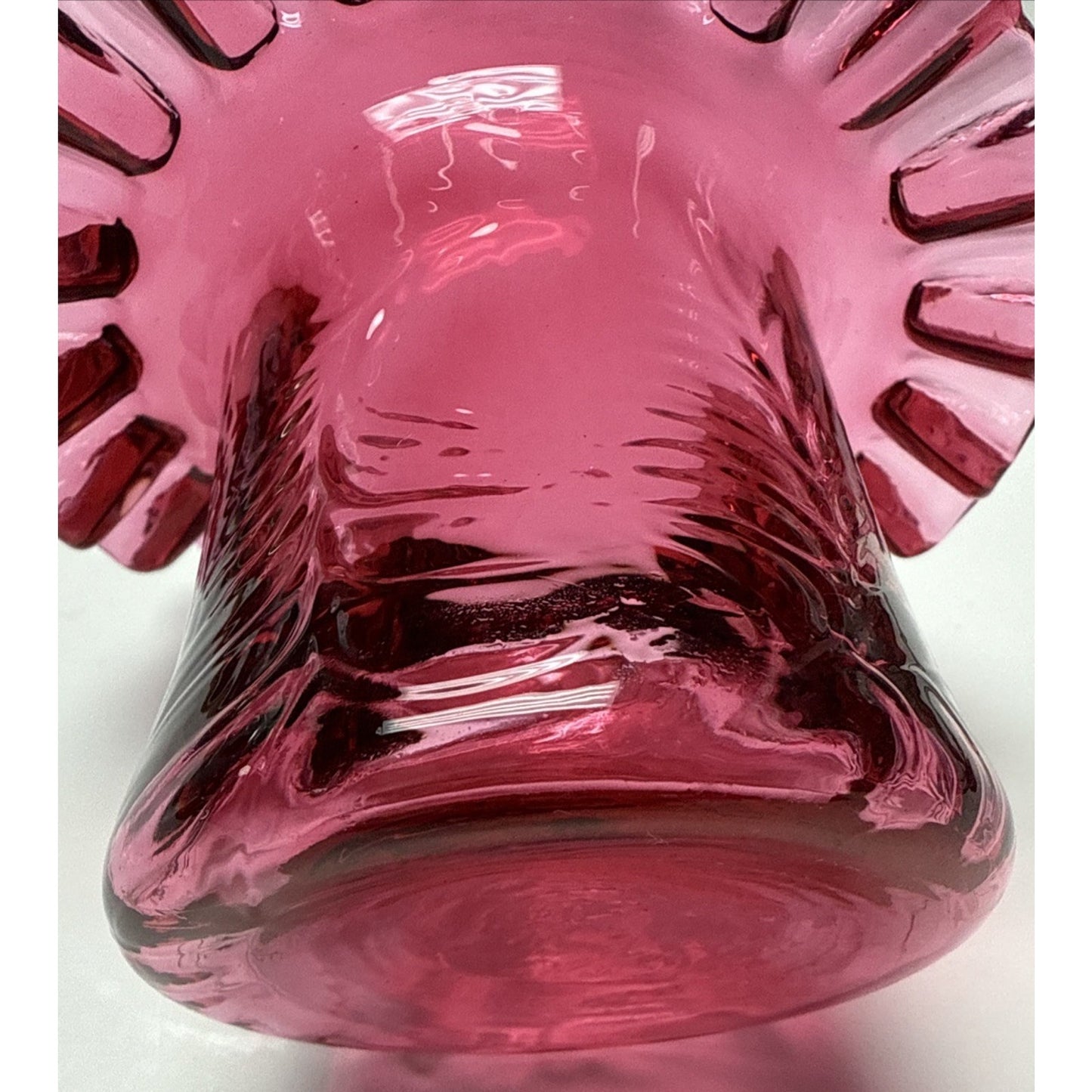 Vintage Fenton Glass Cranberry Embossed Fern #7235 Crimped Hat Vase