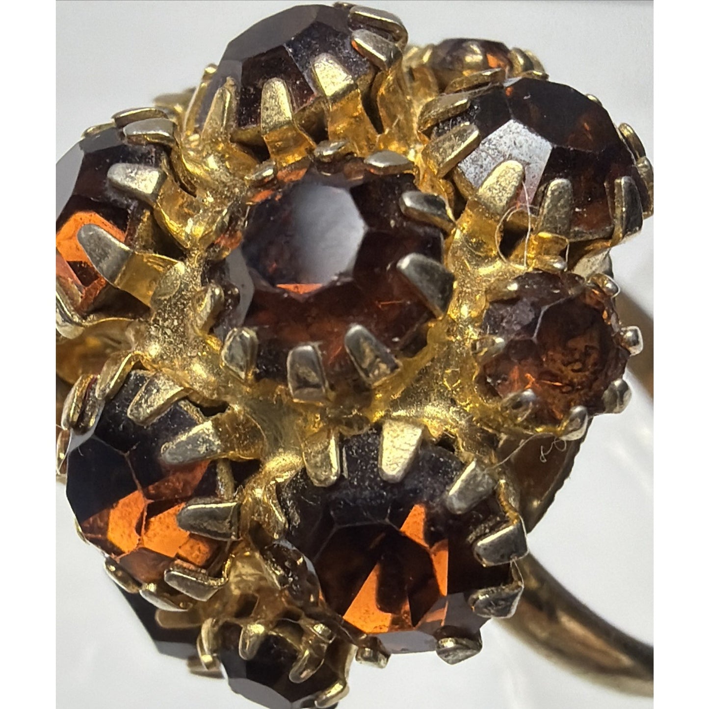 Vtg Gold Tone Adjustable Ring Amber Brown Rhinestone Cluster Prong Dome As Is