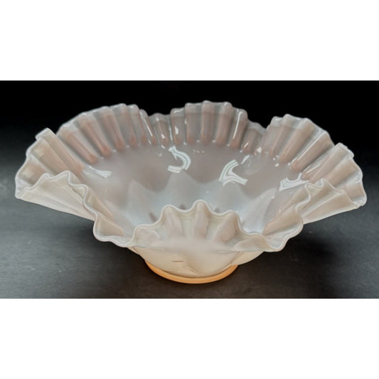 Vintage Fenton Glass Rose Overlay Pink Melon Bowl Crimped Wavy Edge