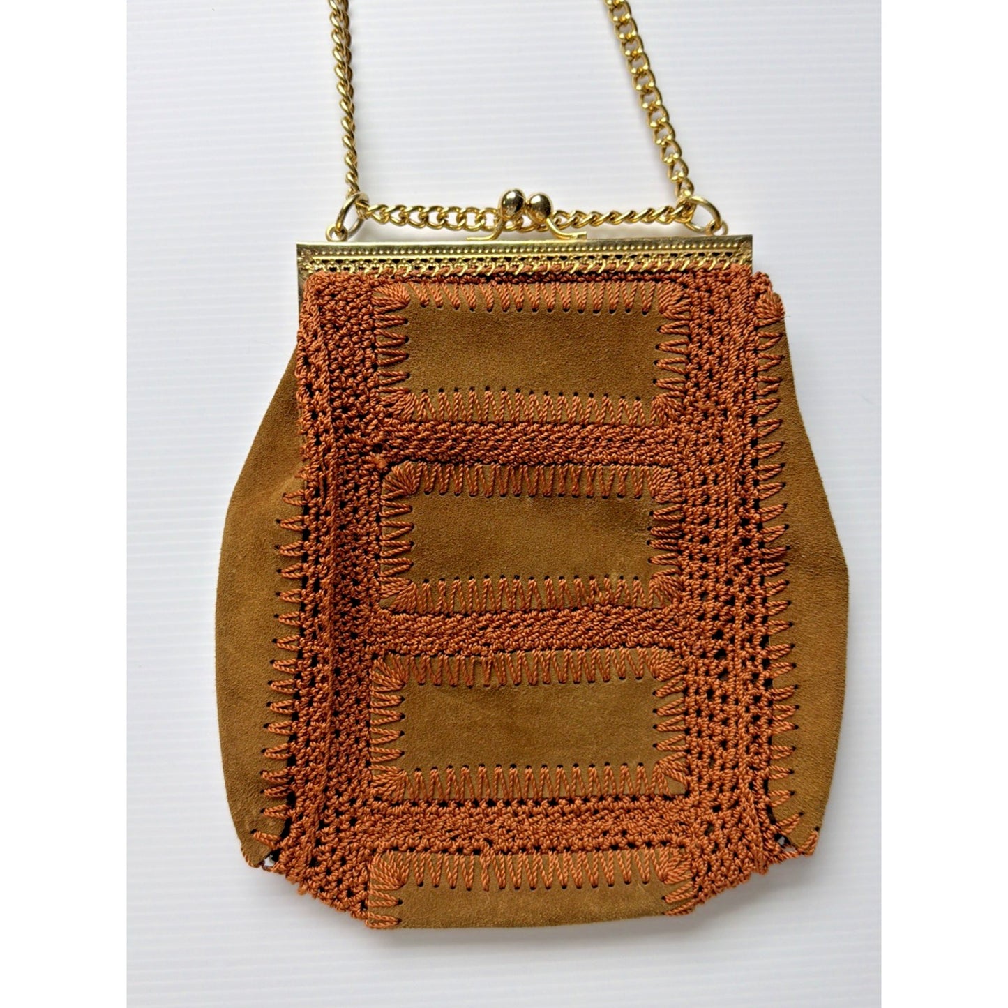 Vintage Solar Ltd Italy Brown Suede Leather Crochet Patchwork Purse As Is