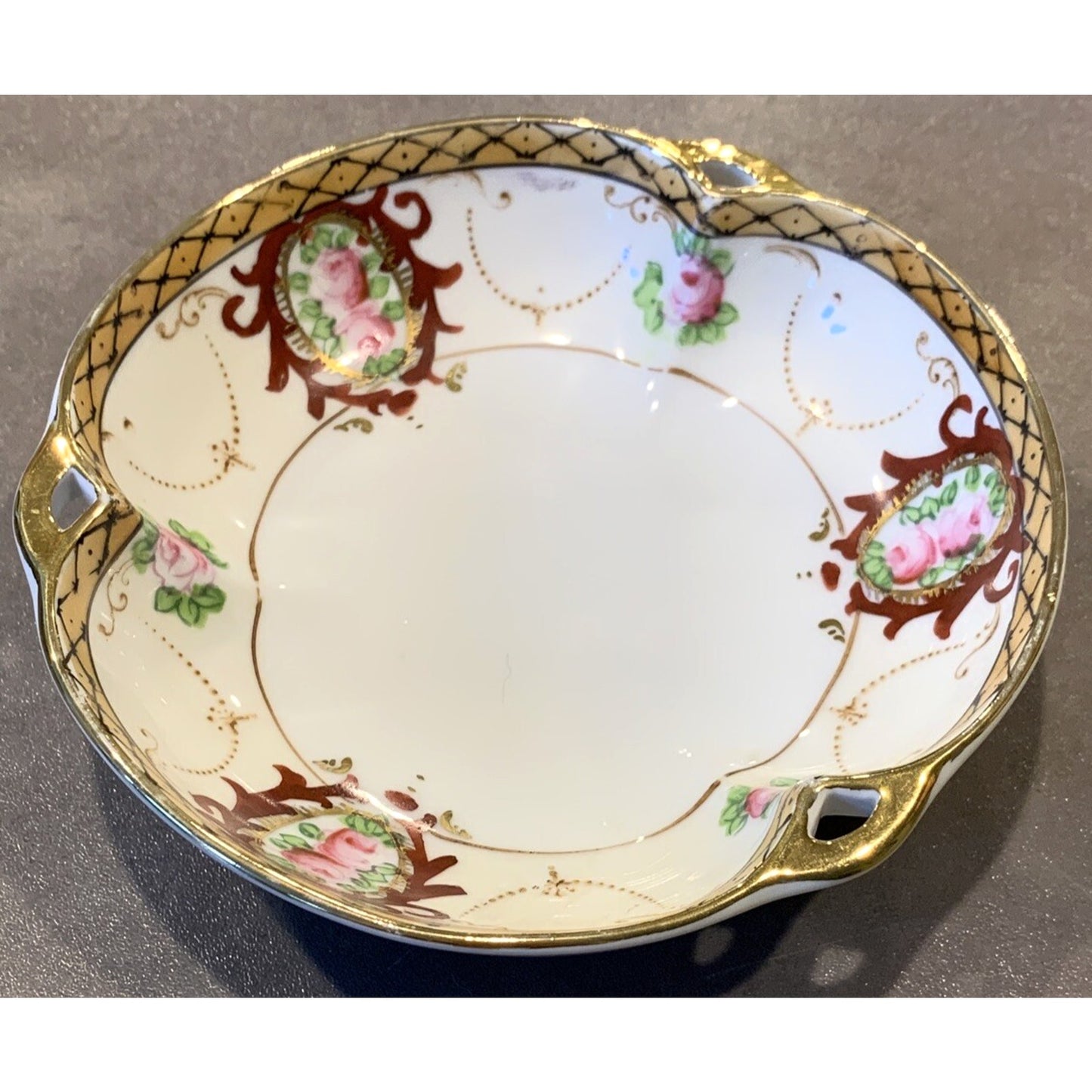 Noritake Morimura Japan Hand Painted Roses Floral Bowl Reticulated Handles Gold