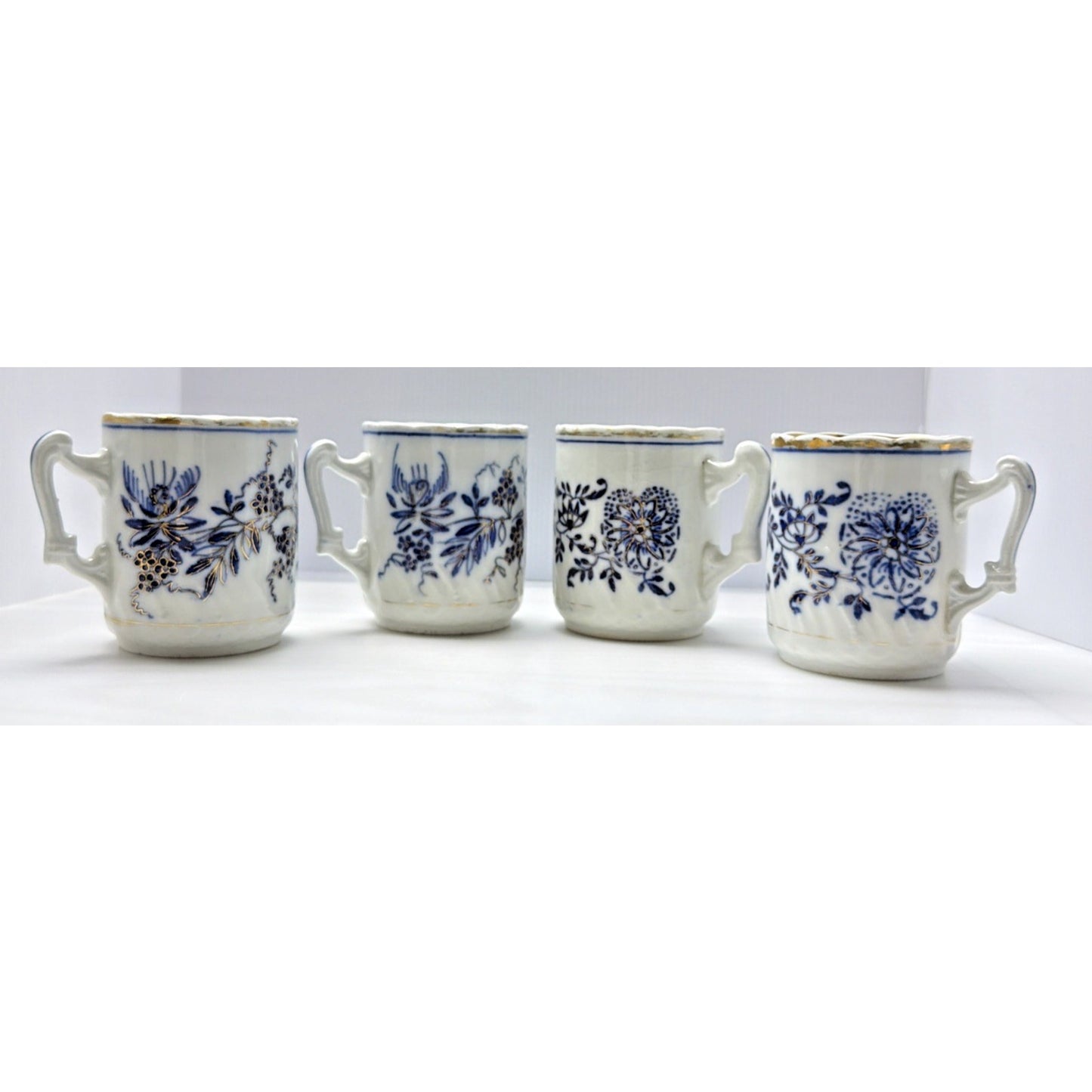 Antique Lot of 4 Flow Blue Hand Painted Blue Onion Ring Mugs Cups C Handle As Is