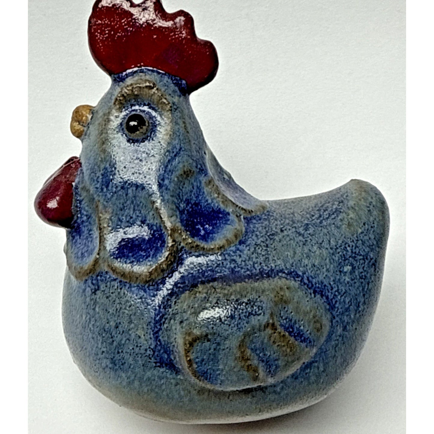 Vintage Folk Art Stoneware Hen Rooster Chicken Figurine Blue Red Glazed