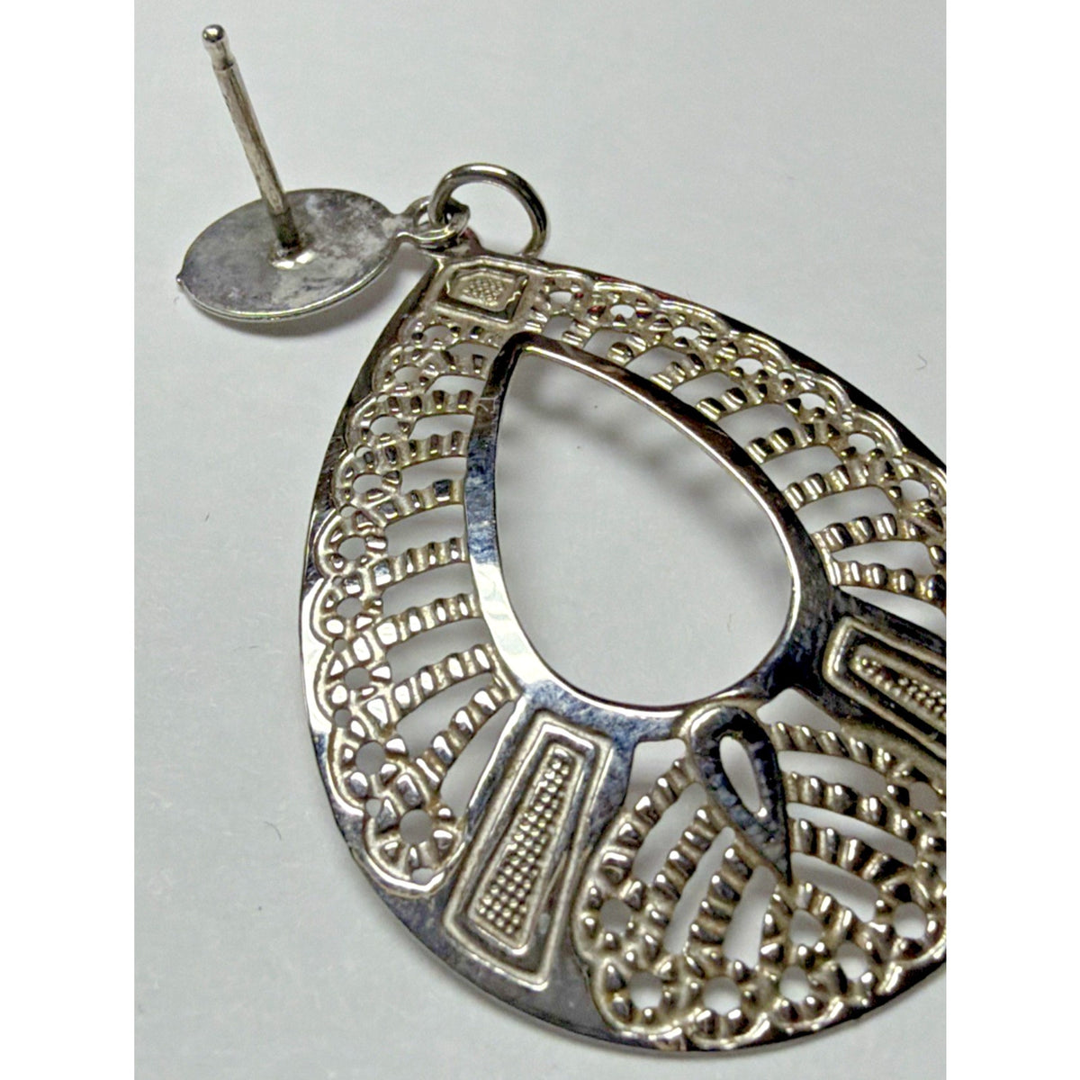 Vtg Ornate Sterling Silver Filigree Open Teardrop Dangle Earrings Post No Backs