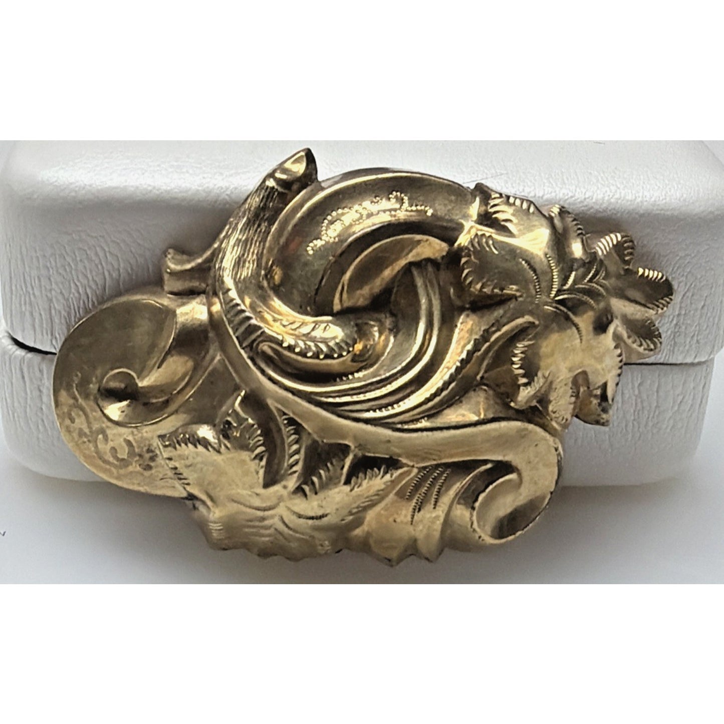 Victorian 10k GF Hollowware Brooch Puffy Repousse Floral Scroll As Is Damage