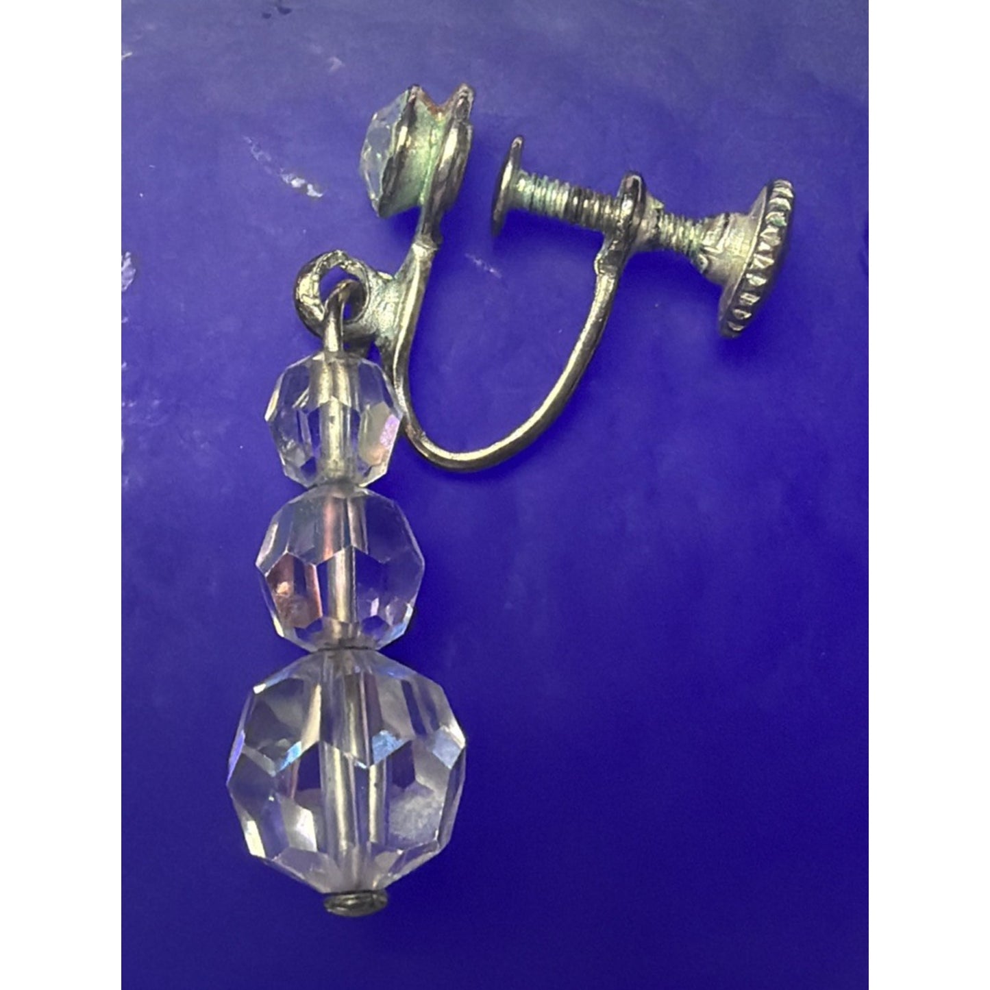 Vintage Clear Aurora Borealis AB Crystal Bead Dangle Screw Back Earrings