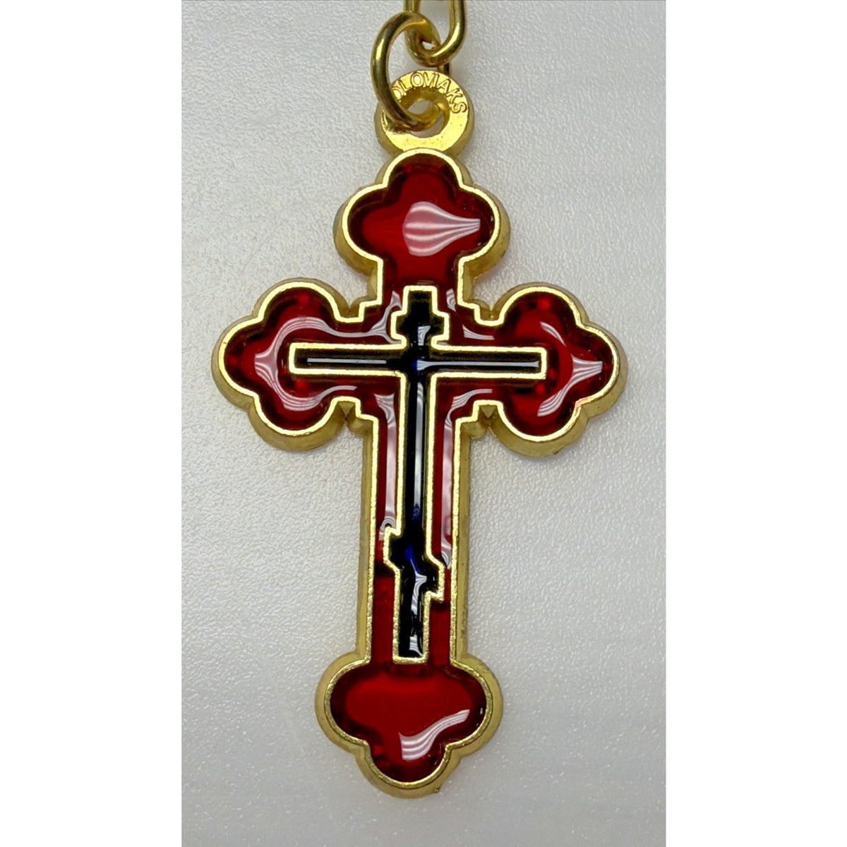 Vtg Holovaik Religious Orthodox Enamel Cross Chain Pendant Gold Tone Red Black