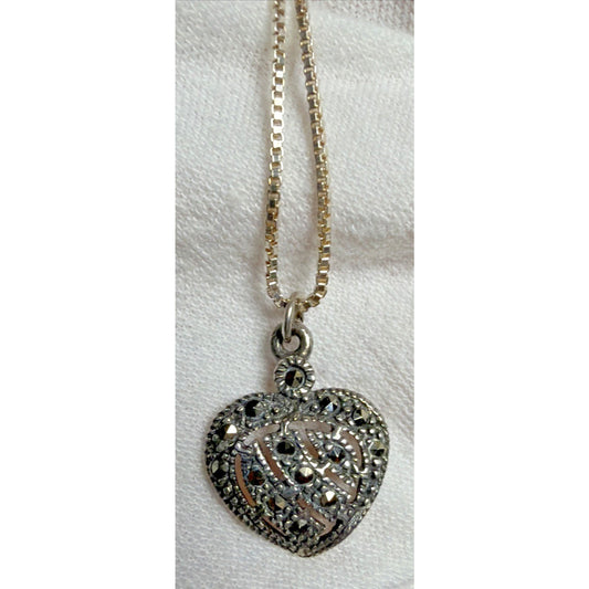 Vintage Sterling Silver Marcasite Heart Pendant Necklace Chain Italy