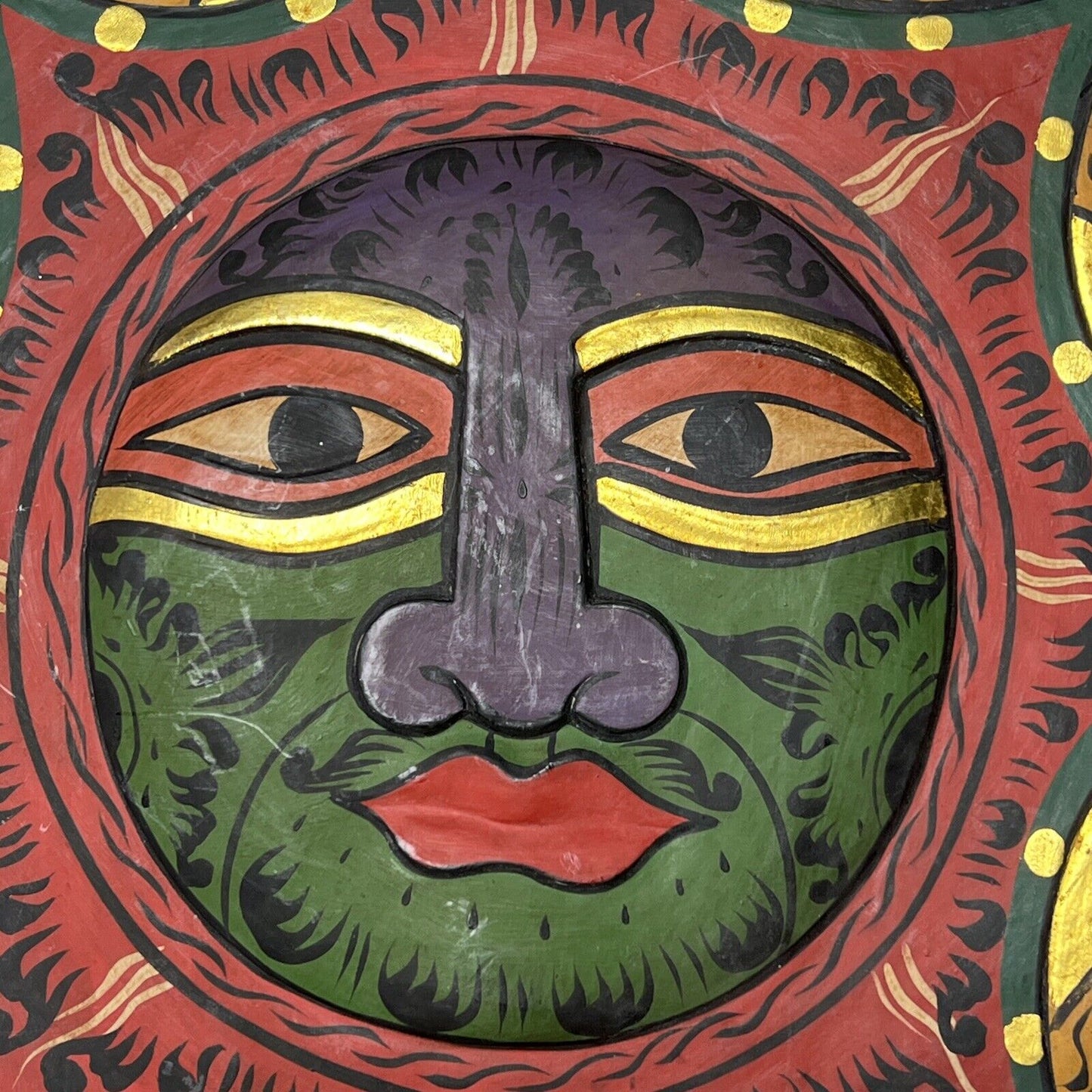 Vintage Folk Art Wood Carved Sun Face Mask Tribal Hand Painted Large