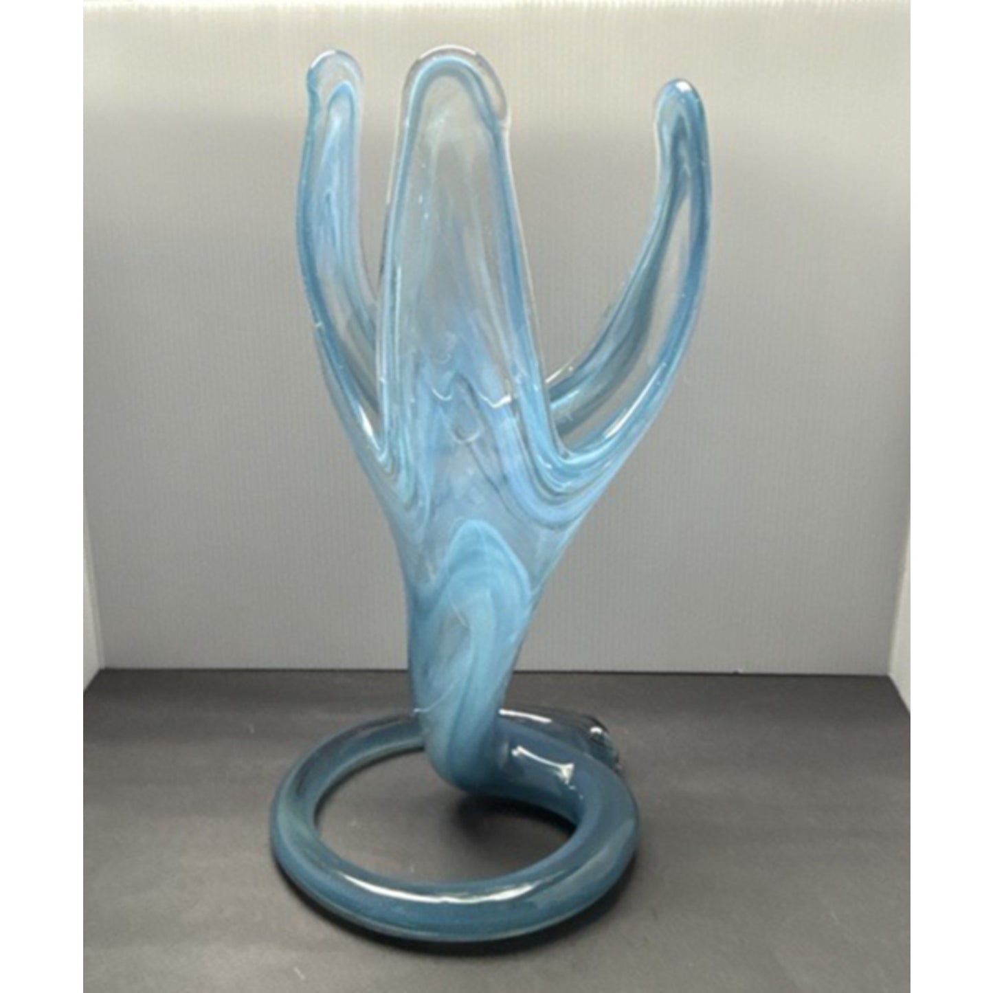 MCM Sooner Art Glass Tulip Trumpet Vase Blue Green Spiral Coiled Base 12" Read