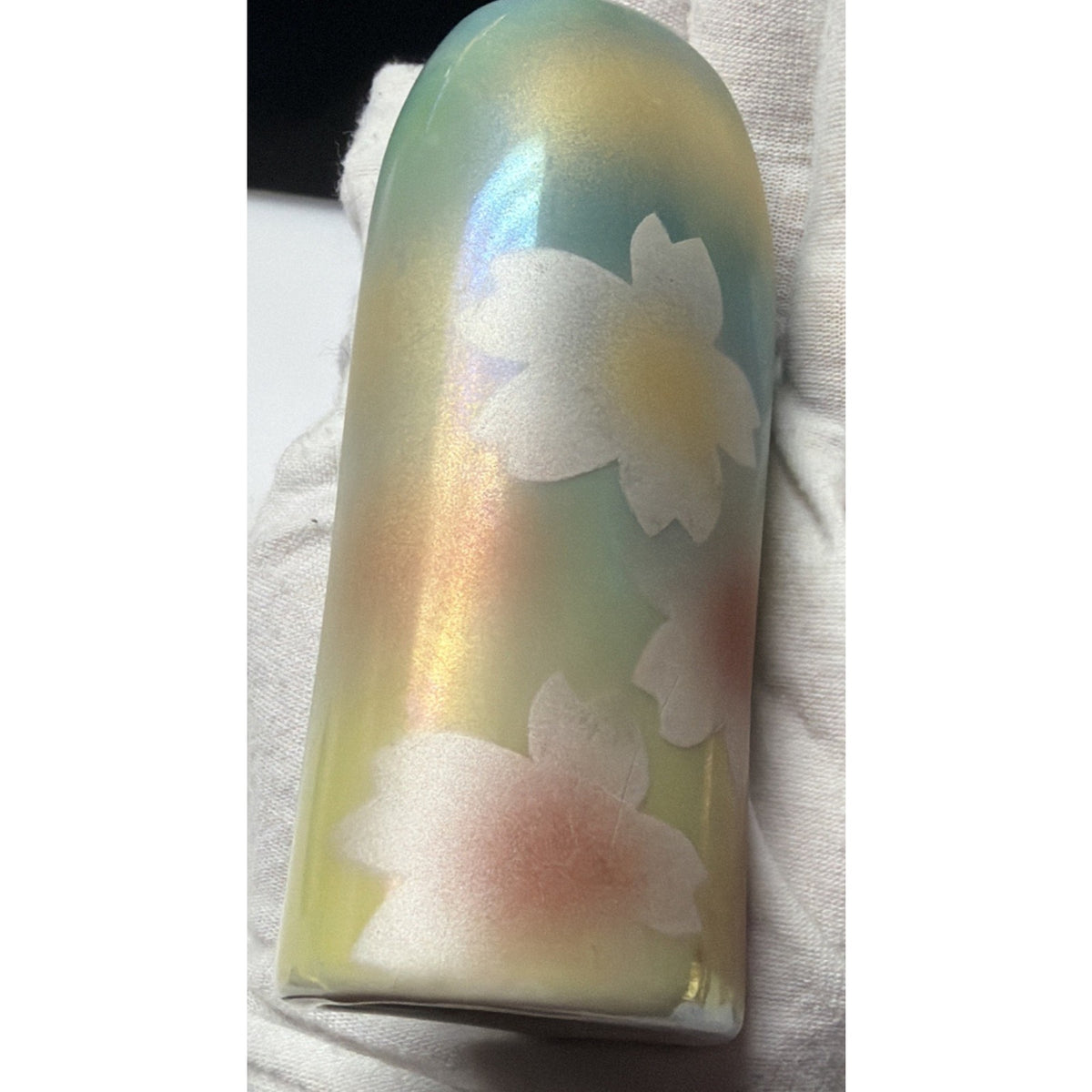 Vtg Kutani Yaki Porcelain Wall Vase Signed Iridescent Flowers Ombre Green Japan
