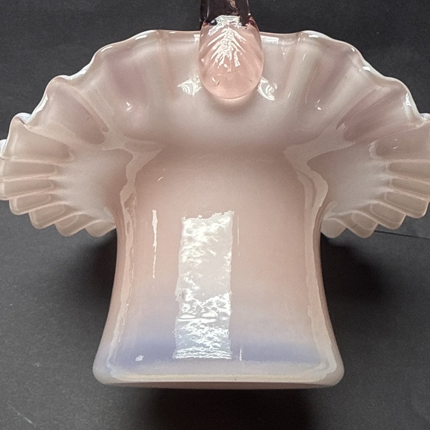 Vtg Fenton Glass Pink Overlay Basket Crimped Bamboo Handle Ruffle Edge As-Is