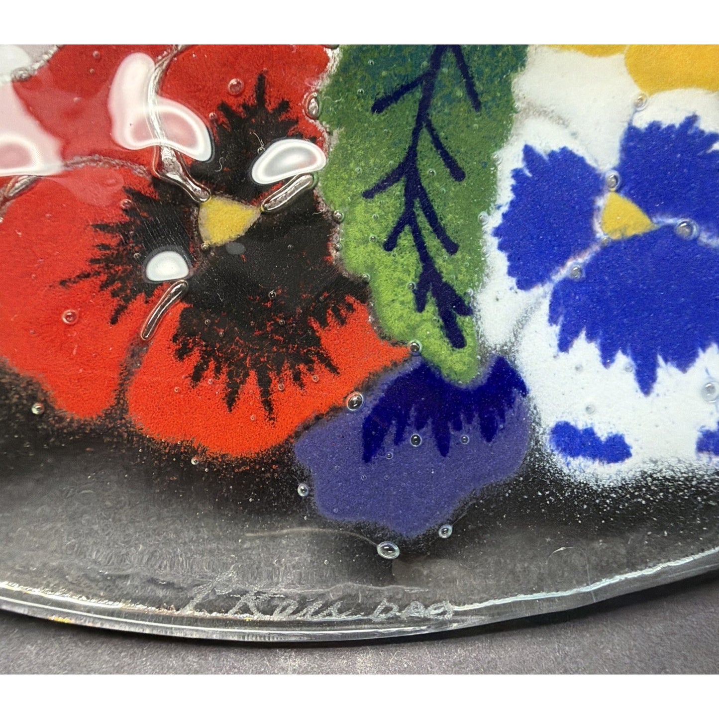 Vintage Peggy Karr Fused Art Glass Plate Platter Floral Pansy 11" Signed