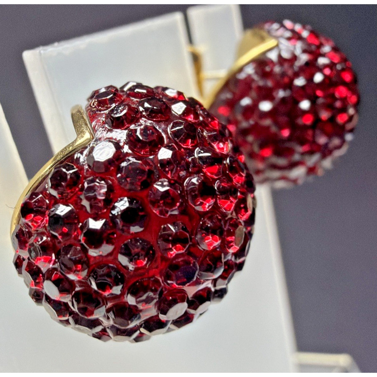 J Crew Pave Crystal Ruby Red Rhinestone Ball Stud Chunky Dome Earrings Gold Tone