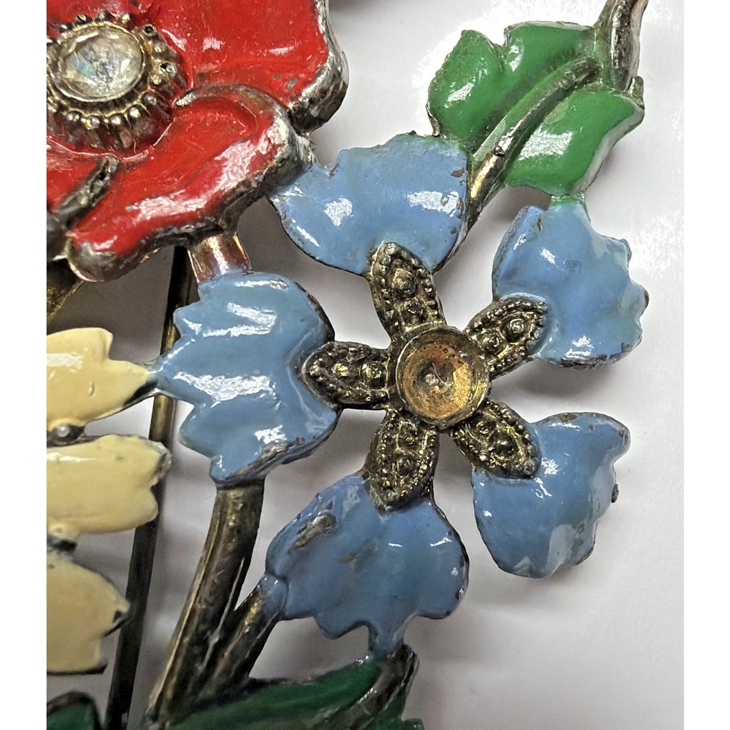 Art Deco Enamel Flower Brooch Bouquet Brass Vial Rhinestone Pot Metal As Is