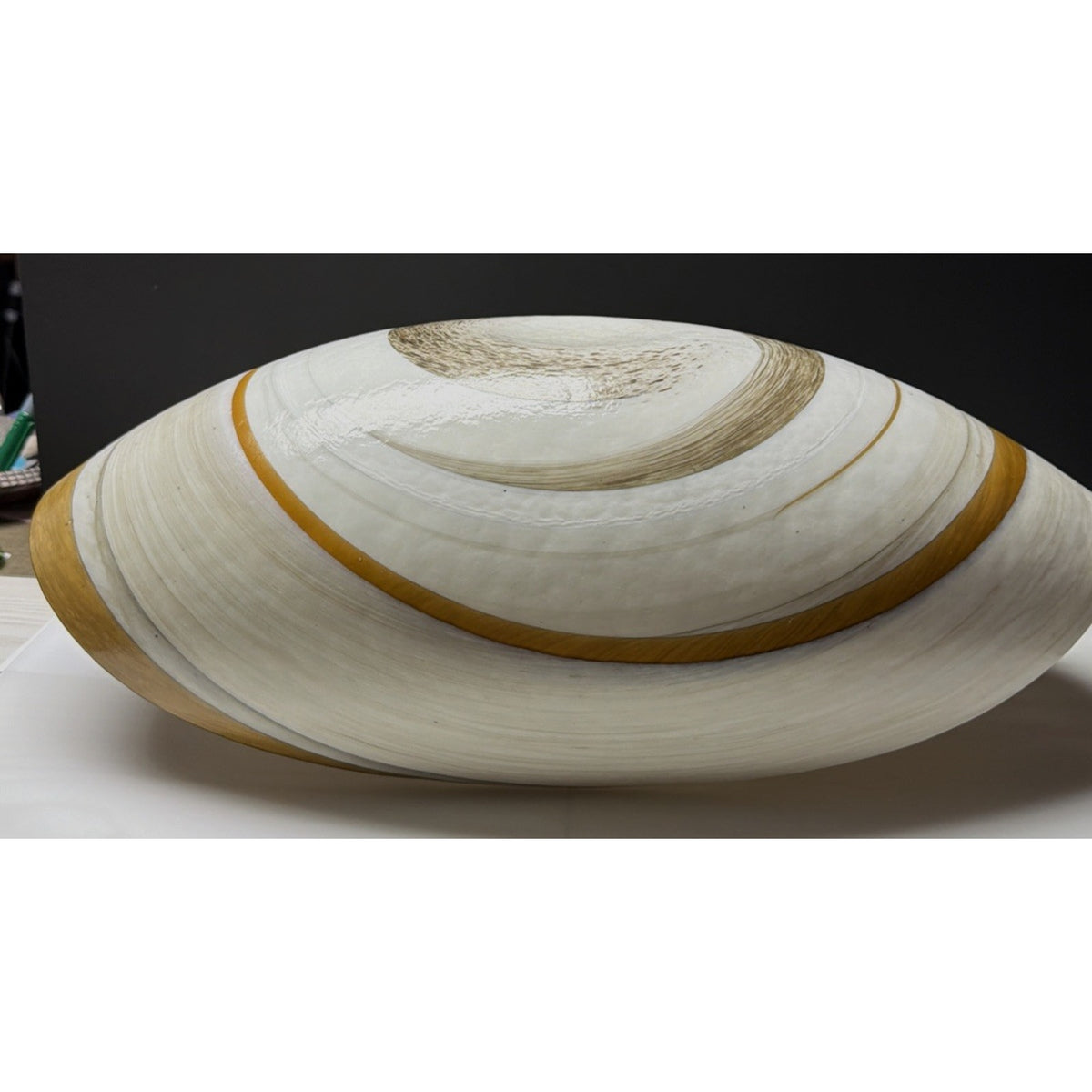 Yalo Murano Vetro Art Glass Bowl Folded Iridescent Ivory Gold Swirl 21"
