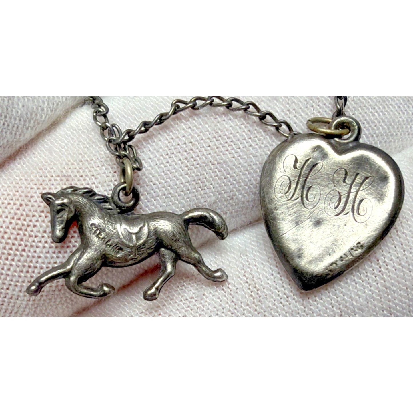 Antique Sterling Silver Puffy Heart Charms Necklace Enamel Gemstone Emboss As Is