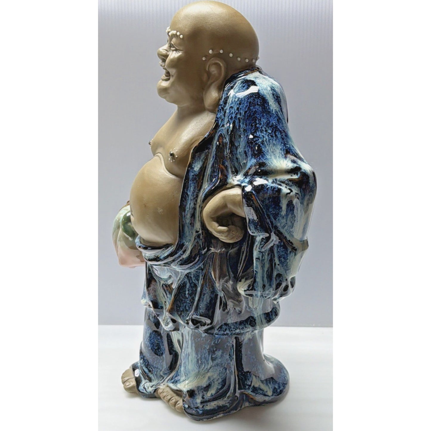 Shiwan Mudman Pottery Chinese Blue Flambe Glazed Happy Buddha Sculpture Hotei