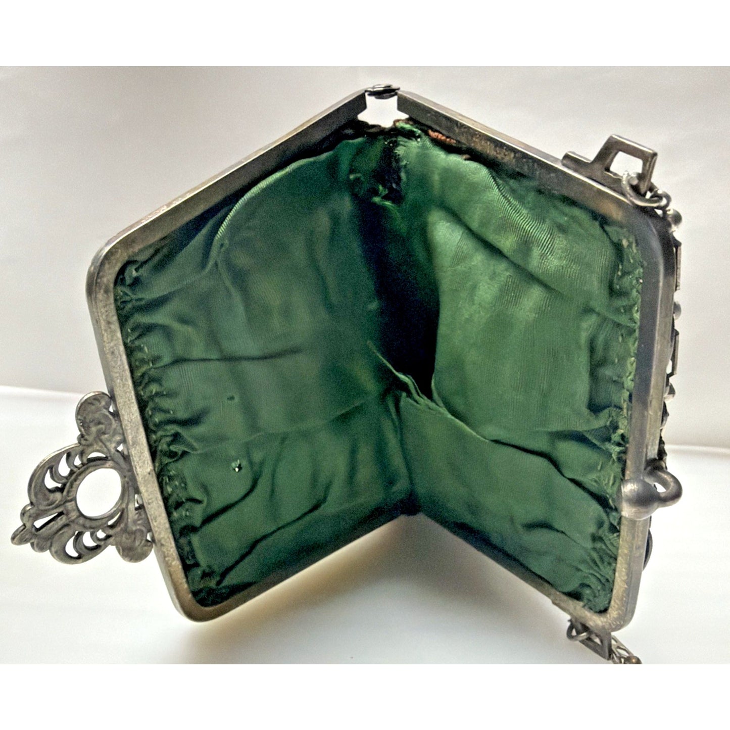 Antique Crochet Brown Green Micro Bead Purse Ornate Metal Frame Kiss Lock Strap