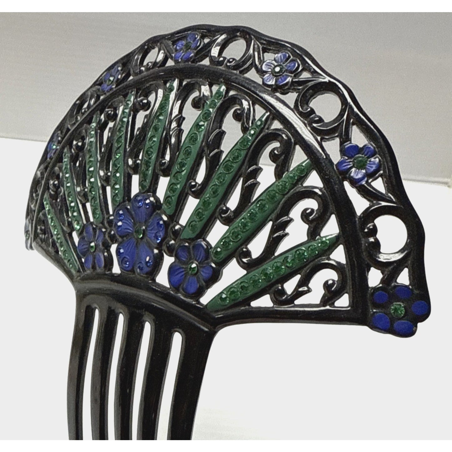 Art Deco Large Fan Shape Hair Comb Black Celluloid Rhinestone Flower Blue Green