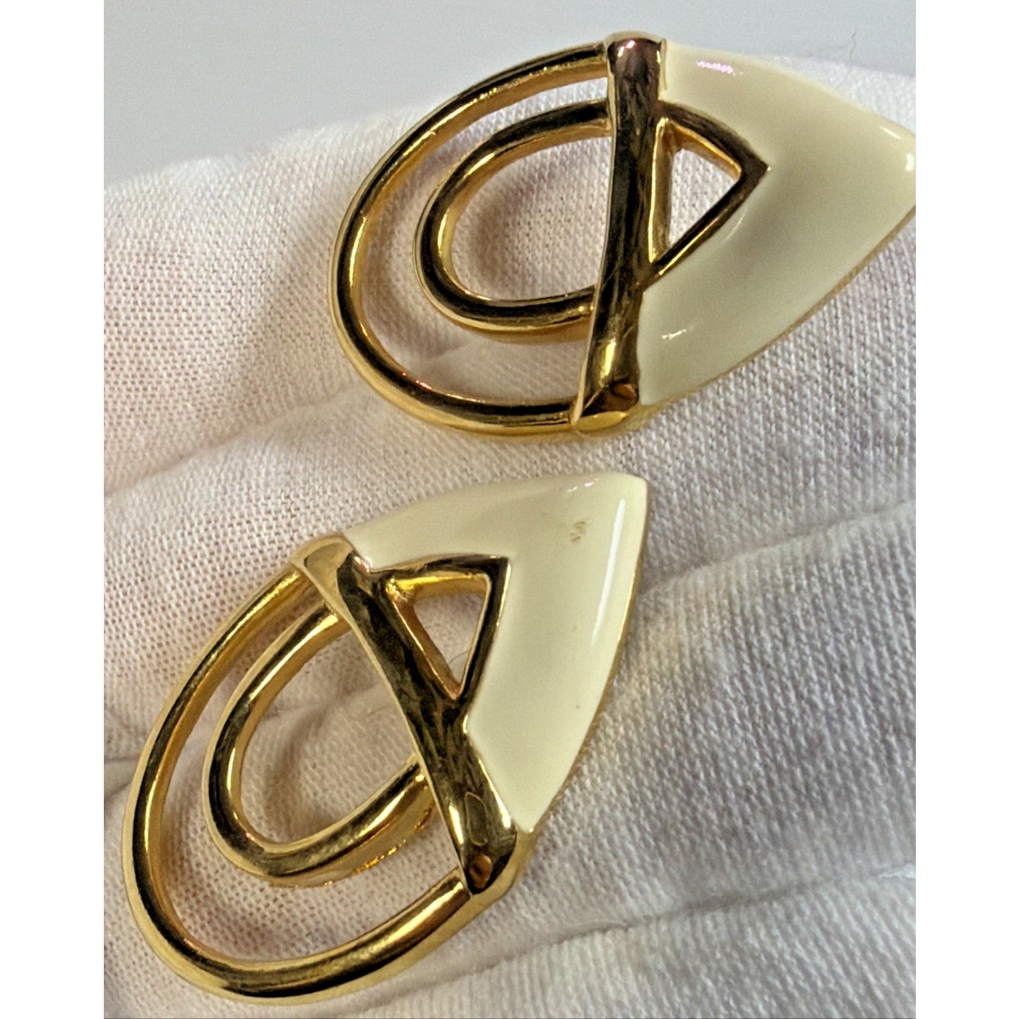 Vintage Monet Enamel Gold Tone Modernist Post Earrings White Geometric Large