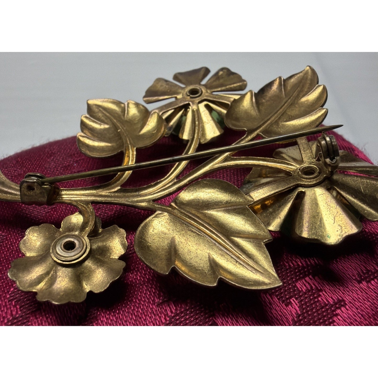 Vintage Large Gold Tone Floral Sprig Spray Brooch Pin Green Rhinestones