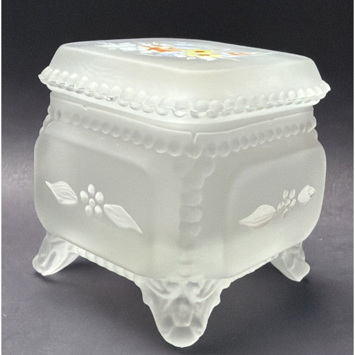 Vtg Westmoreland Frosted Satin Glass Beaded Rim Trinket Vanity Box Hand Painted