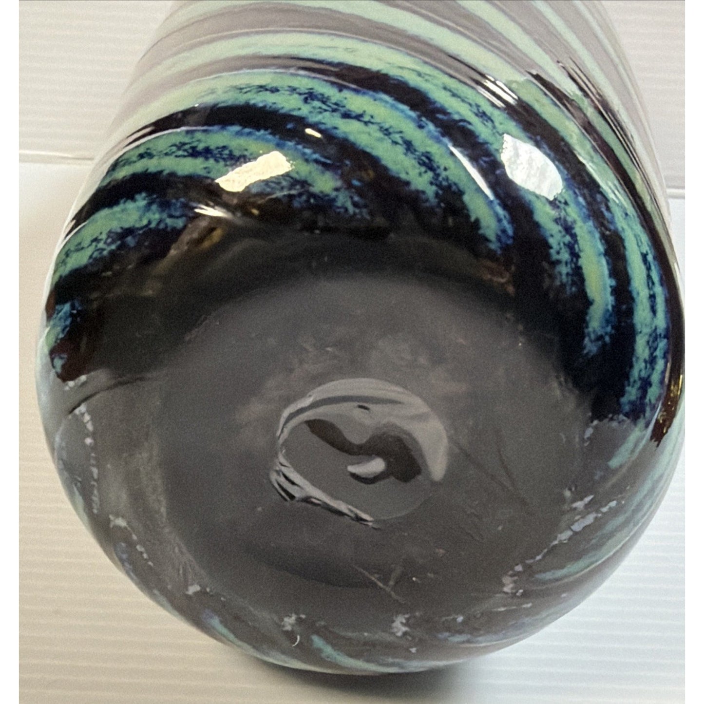 Jon Bush Iridescent Art Glass Vase Black Green Spiral Abstract Red Lip Signed