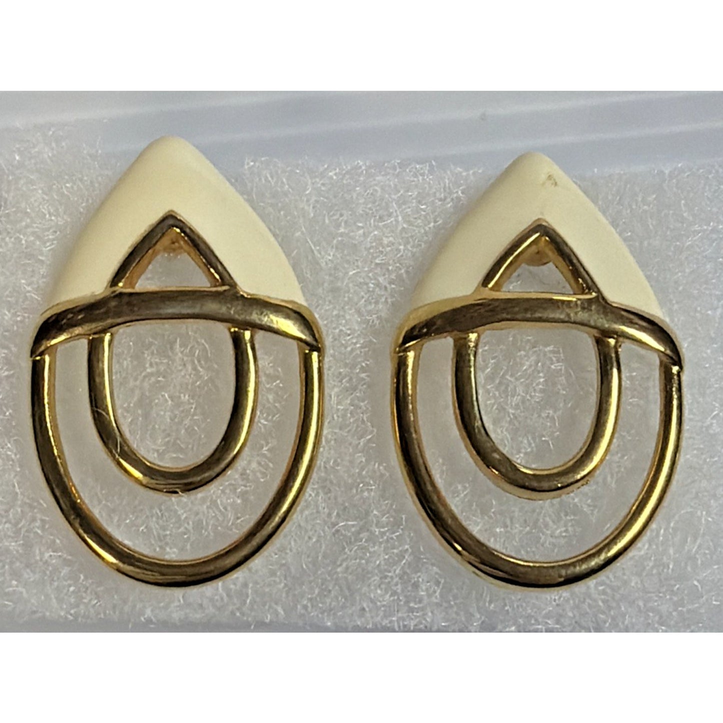 Vintage Monet Enamel Gold Tone Modernist Post Earrings White Geometric Large