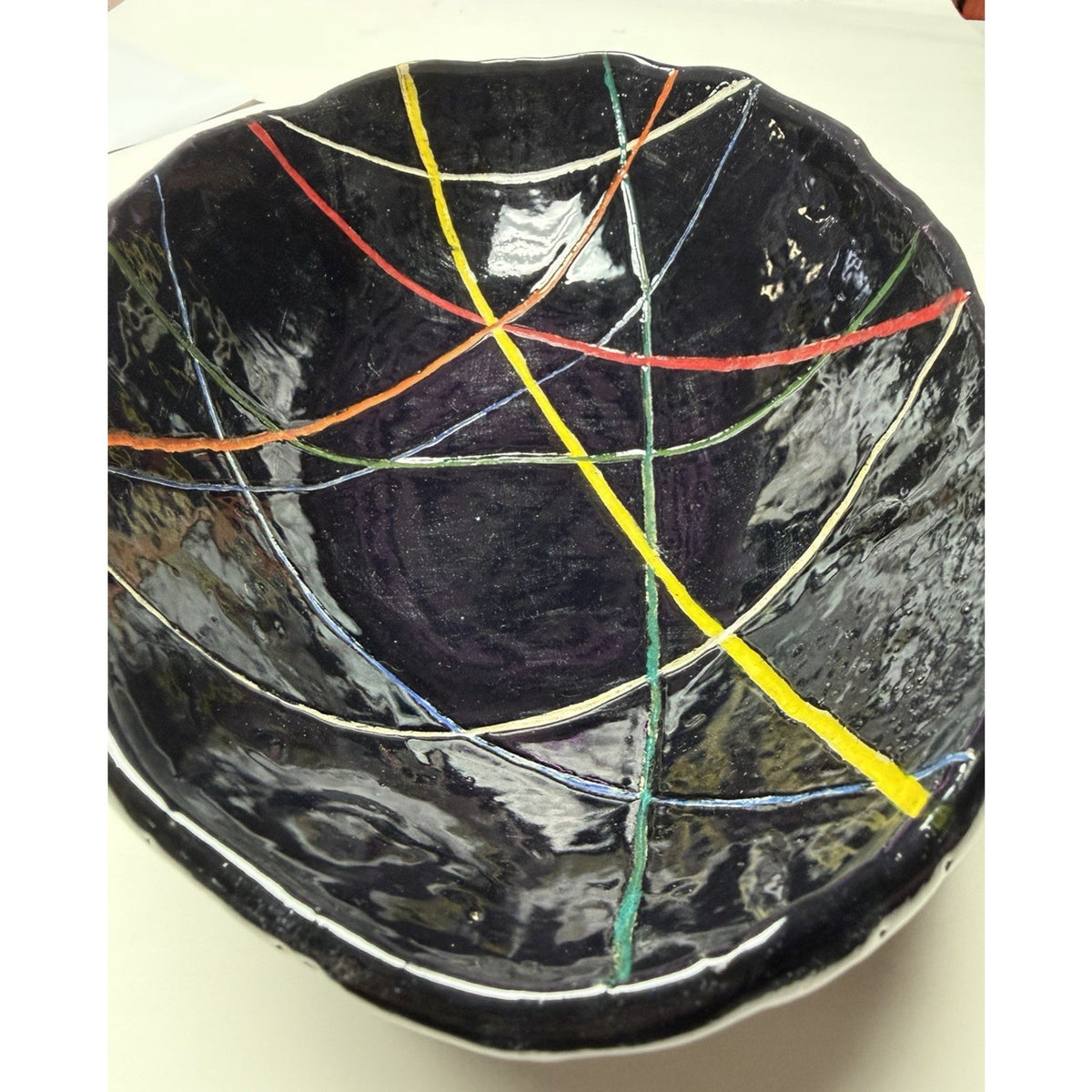 Studio Art Pottery Black Glazed Bowl Modernist Geometric Abstract Lines Read