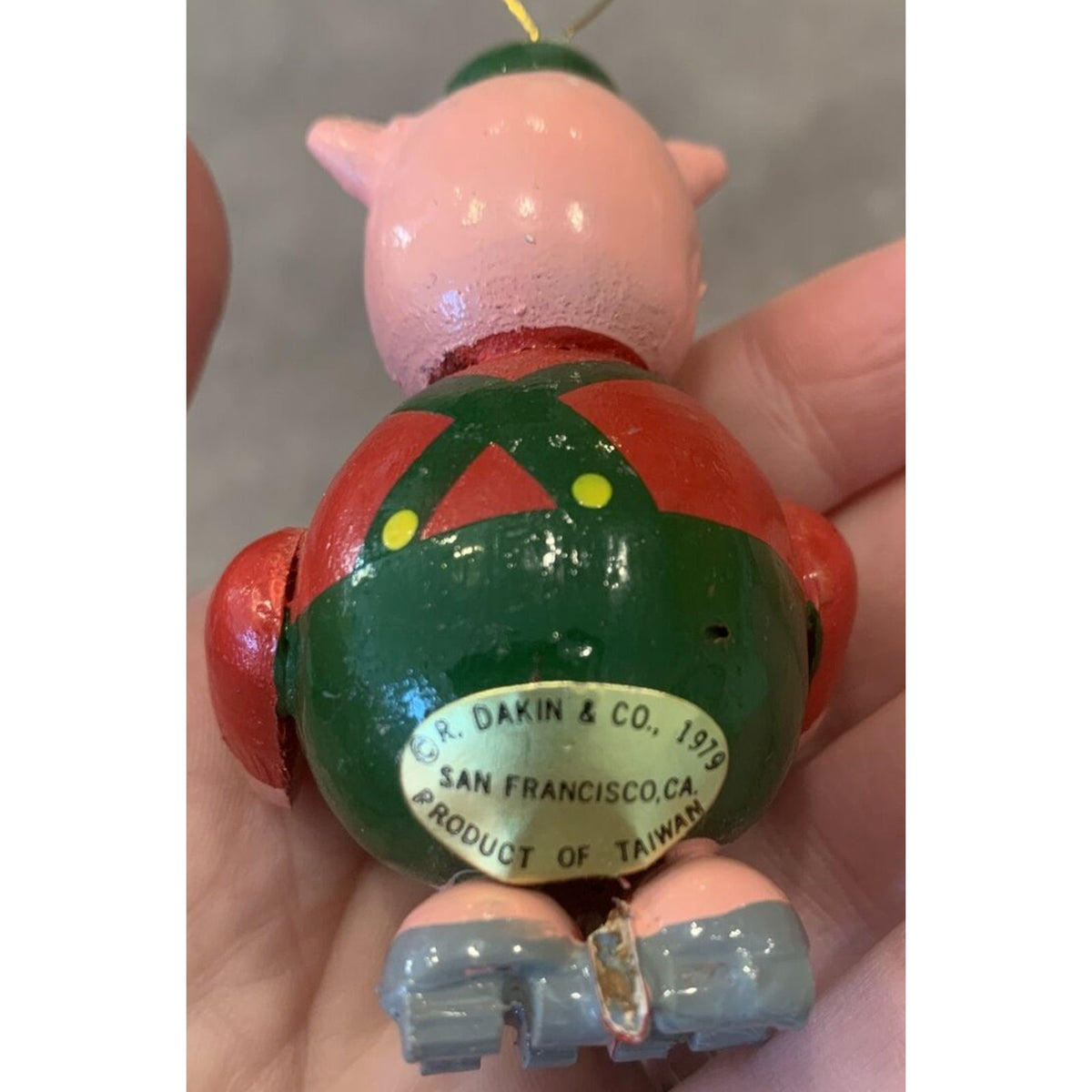 Vintage R Dakin Co Wood Skating Pig Ornament Painted Sticker