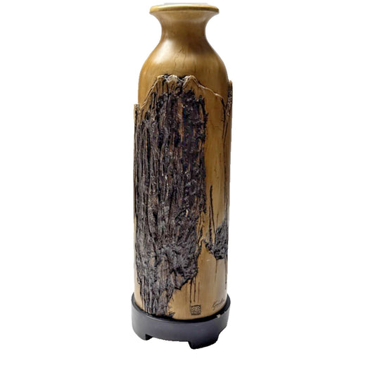 Carolyn Kinder Collection Faux Cypress Wood Urn Vase Pillar Black Pedestal As-Is