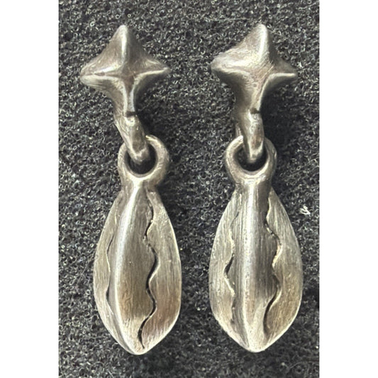 Modernist Silver Geometric Abstract Dangle Earrings Bean Fishbone Seed Pod As Is