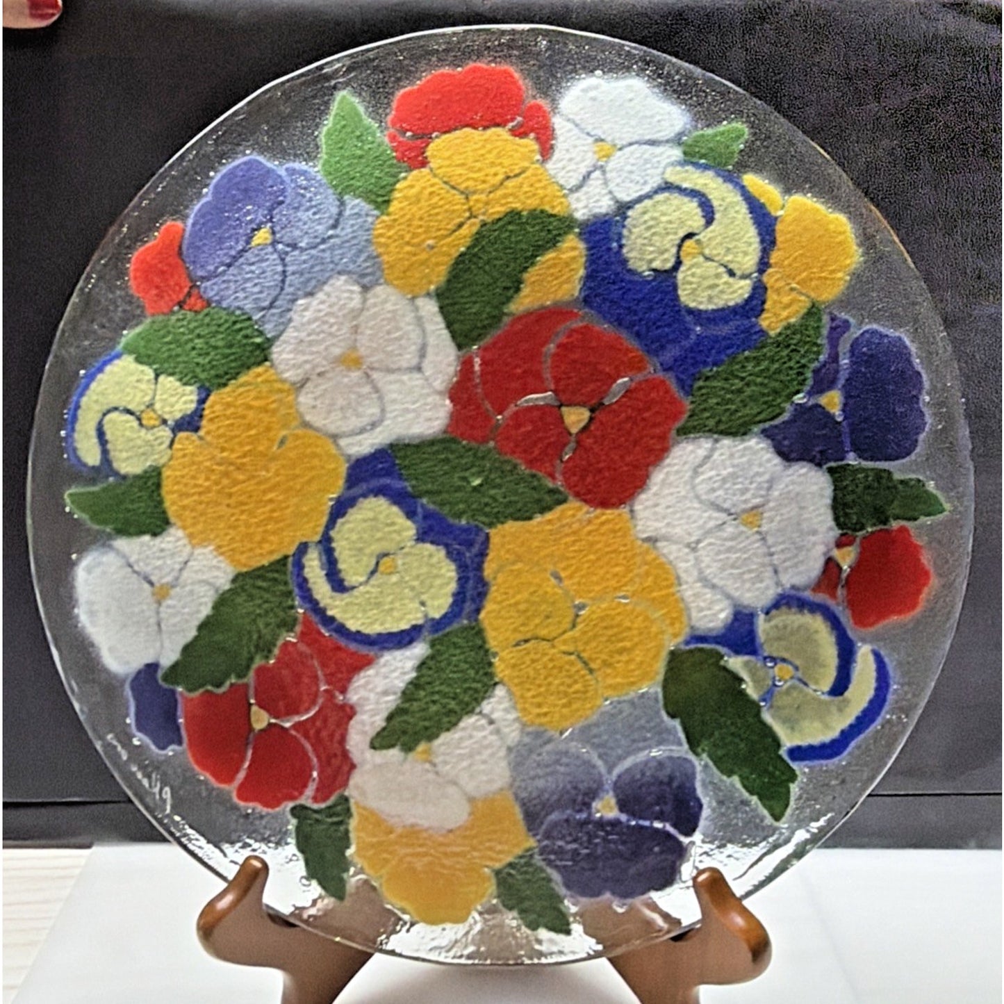 Vintage Peggy Karr Fused Art Glass Plate Platter Floral Pansy 11" Signed