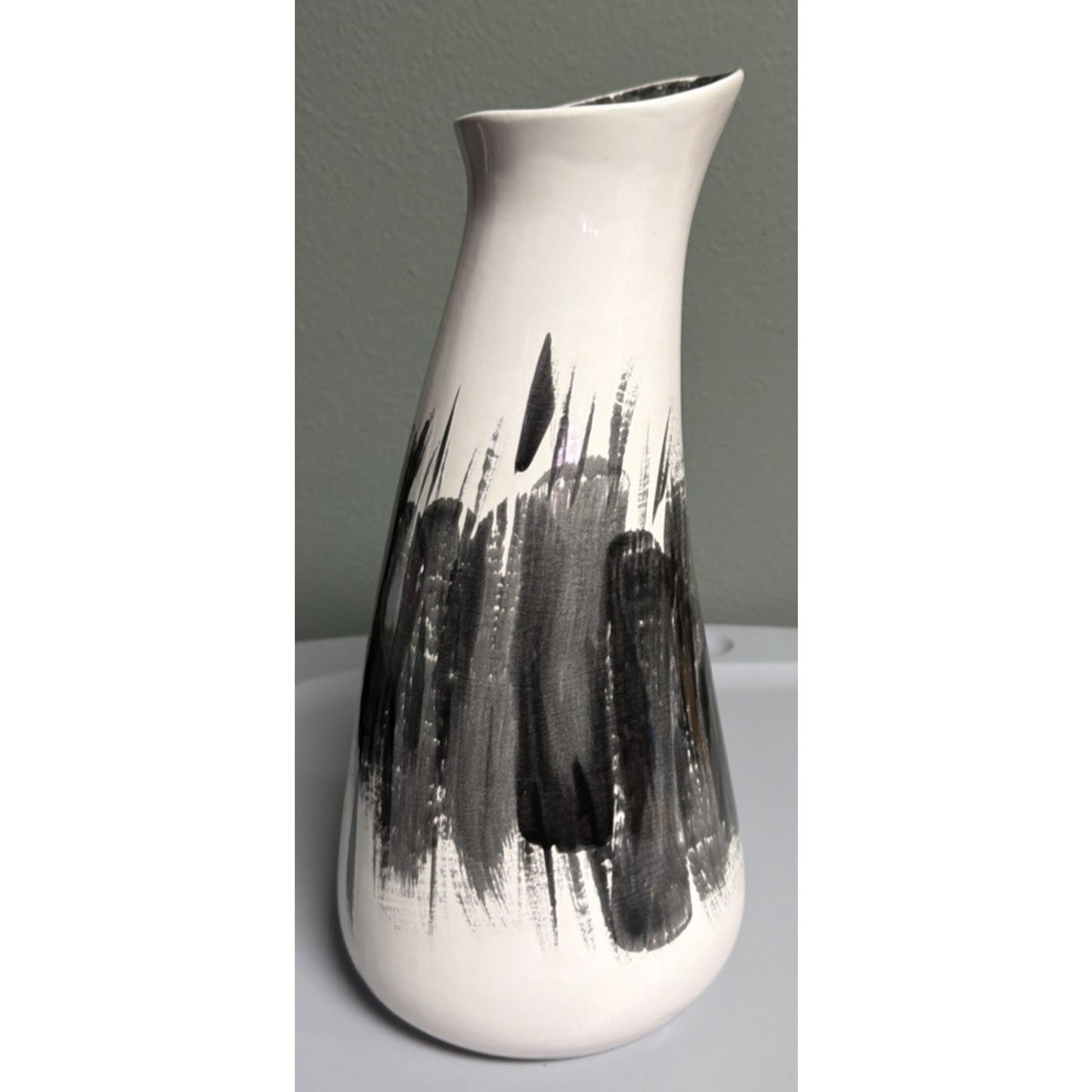 MCM Abstract Art Pottery Vase Black White Brushed Glazed Asymmetrical Signed