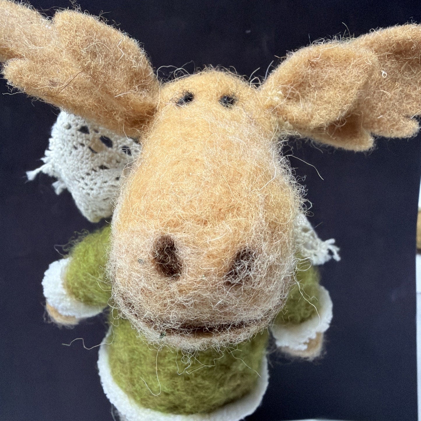 Felt Plush Christmas Moose Standing Green Sweater Lace Scarf Leggings As Is